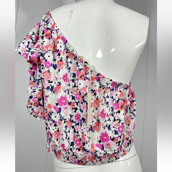 NWT  Universal Thread Sz L Womens One-Shoulder Floral Puff Sleeve Crop Top Pink - Picture 6 of 10